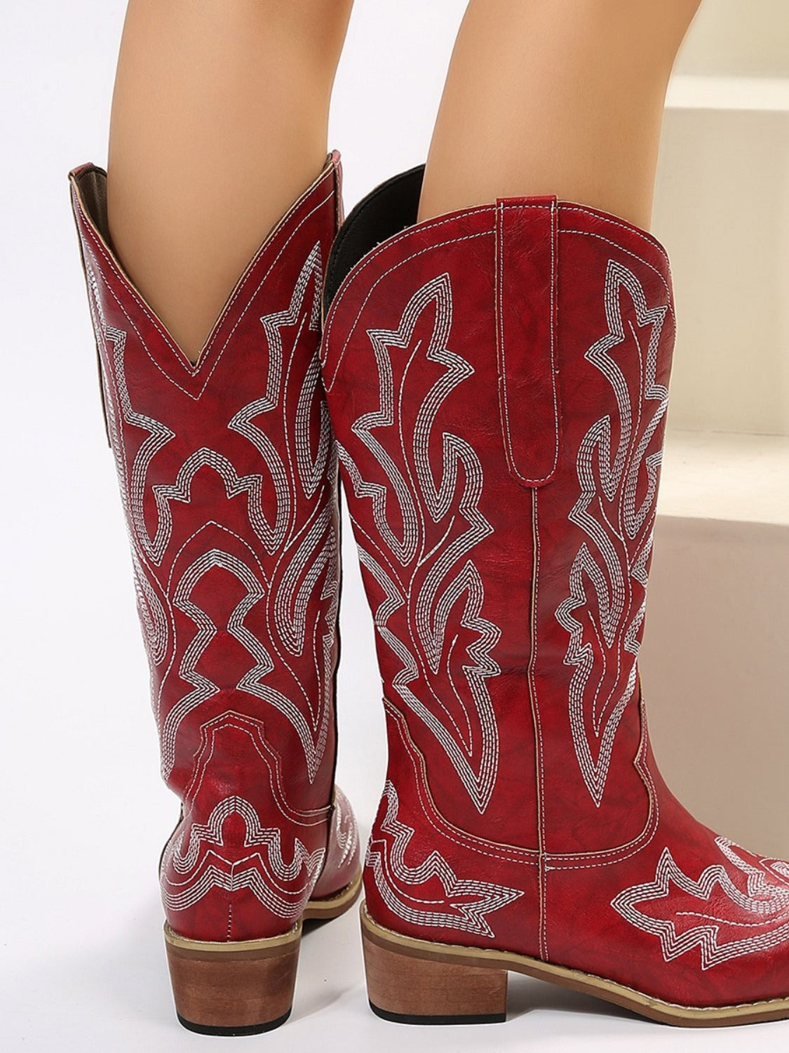 Leather Embroidered Geometric Point Toe Boots