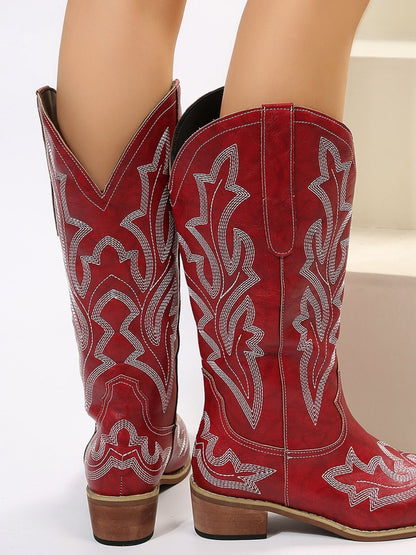 Leather Embroidered Geometric Point Toe Boots - Plush Fashion Shop #