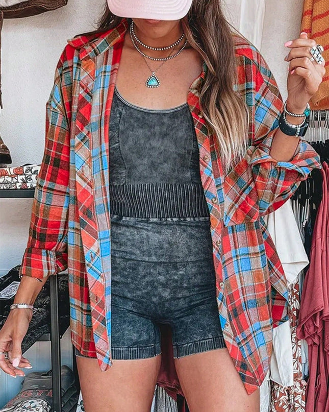 Plaid Collared Neck Long Sleeve Shirt