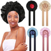 Women's double layered silk bonnet with elastic tie band for hair care protection.