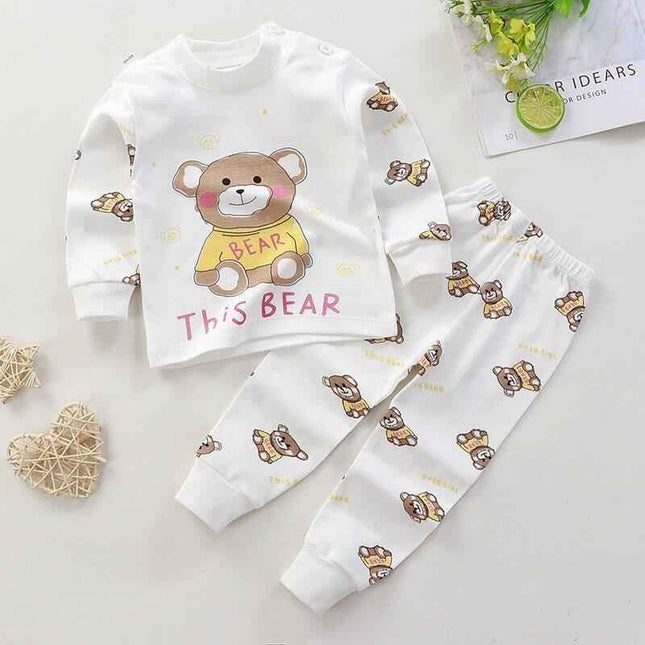 Children's cotton pajamas with teddy bear design for boys and girls.