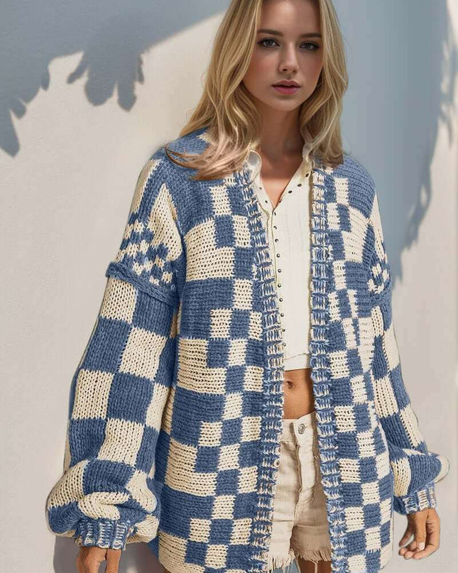 Double Take Full Size Open Front Checkered Drop Shoulder Cardigan - Plush Fashion Shop #