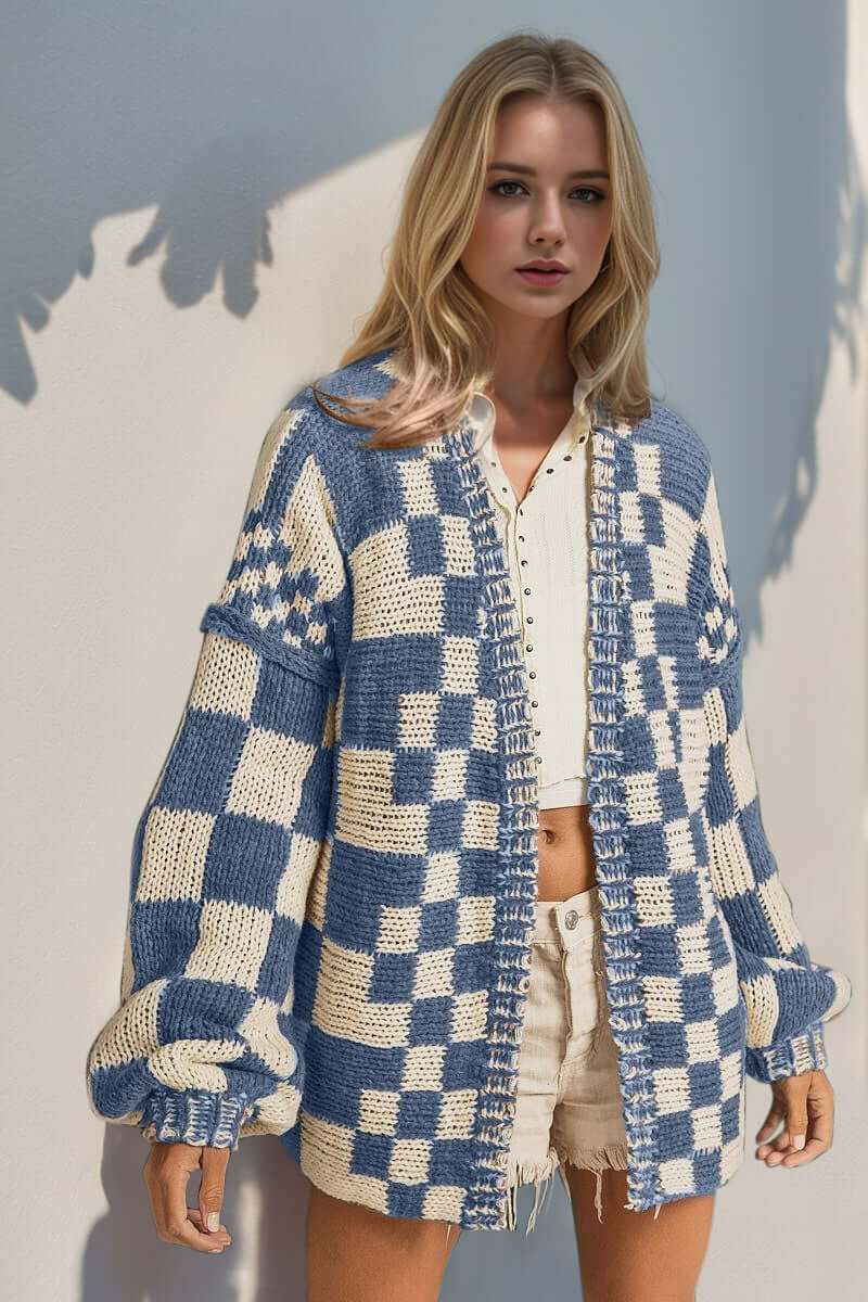 Full size open front checkered drop shoulder cardigan with chic design.