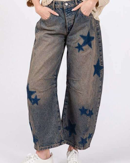 Women's Star Wide Leg Jeans with Pockets - Plush Fashion Shop #