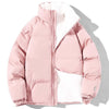 Women's fashion winter coat with stand-up collar, plush interior, and practical pockets in pink.