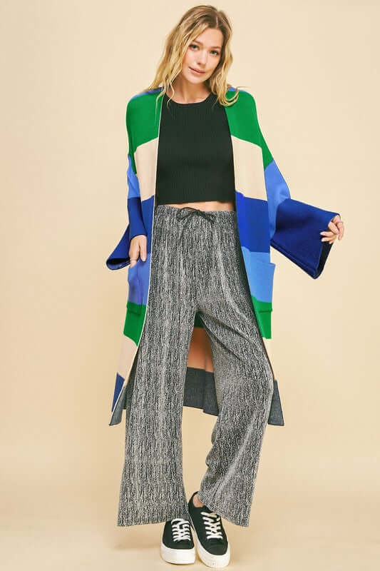 Davi & Dani Color Block Kimono Sleeve Open Front Cardigan with trendy design.