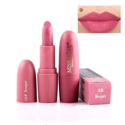 Matte pink moisturizing lipstick with packaging, long-lasting and vibrant color.