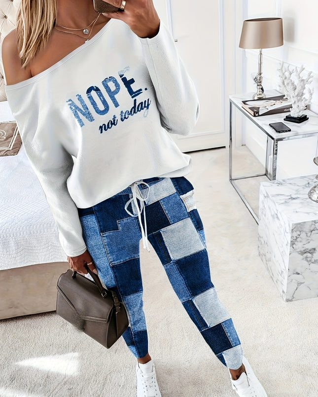 Women's 2 Piece Nope Not Today Print Skew Neck Long Sleeve Pullover Top with Stretchy Waist Long Pants Outfit