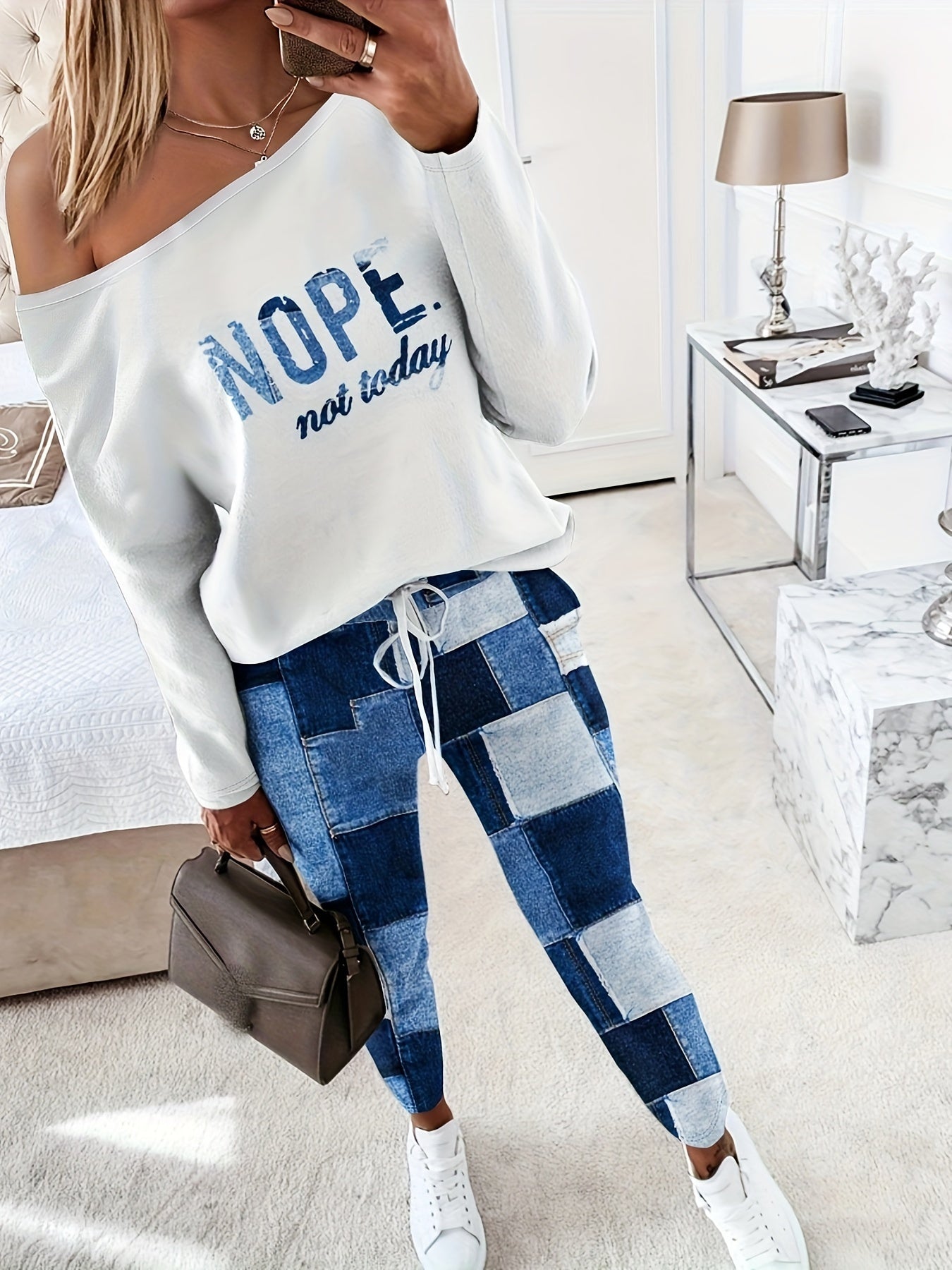 Women's 2 Piece Nope Not Today Print Skew Neck Long Sleeve Pullover Top with Stretchy Waist Long Pants Outfit - Plush Fashion Shop