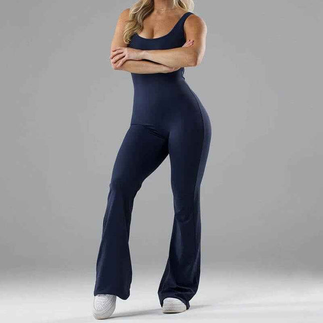 Slim Fit Hip Raise backless exercise jumpsuit in black, enhancing stylish workout look.