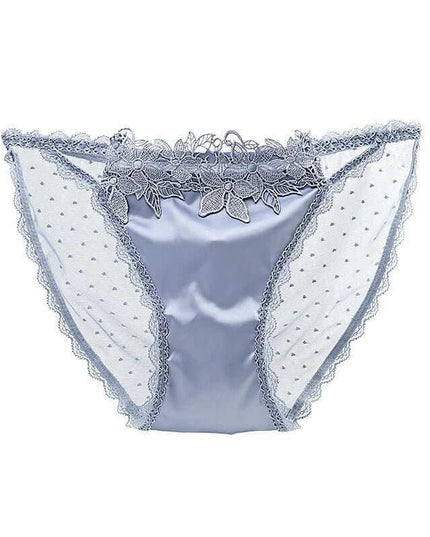 Women's Underwear Mesh See-through Low Waist in Light Blue with Floral Lace Trim.