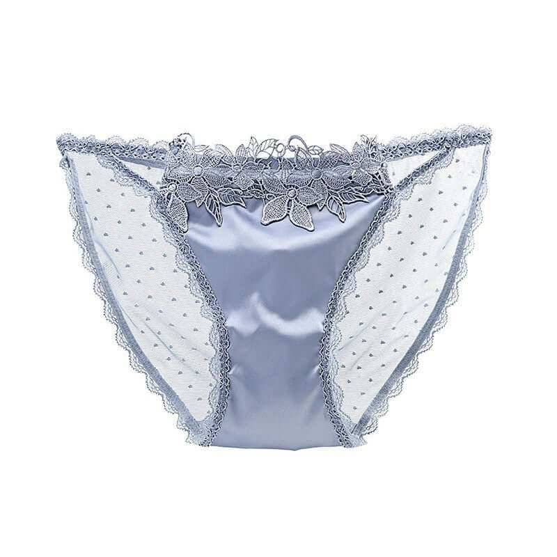 Women's Underwear Mesh See-through Low Waist in Light Blue with Floral Lace Trim.