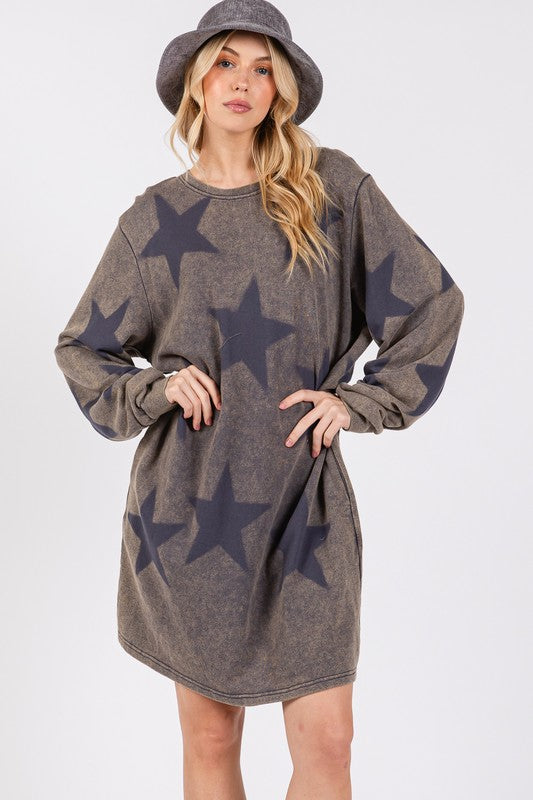 Women's Washed Star Print Round Neck Dress