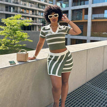  Polo collar short sleeve striped contrast color fit sheath skirt outfit, summer fashion.