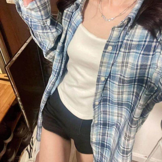 Fashionable Blue Plaid Shirt For Women - Plush Fashion Shop #