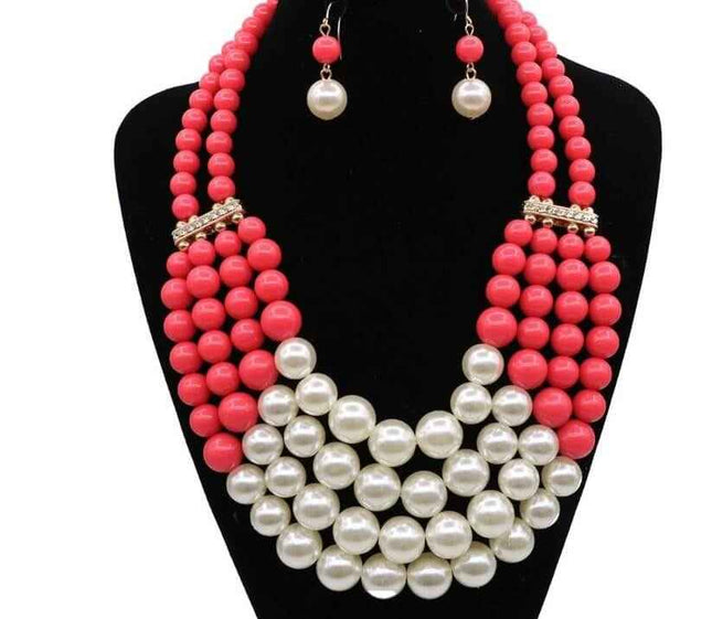 Multi Simulated Pearl Bohemian Jewelry Set with water wave chain and faux gemstone inlays.