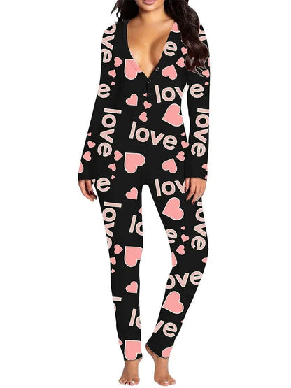 Women Jumpsuit Long Sleeve V Neck Button Closure Letters Heart Print LThe beautiful heart print and V-neck design make it a perfect choice for festive occasions. The long sleeve and button closure add a touch of comfort and conveniencePajamasPlush Fashions ShopPlush Fashion ShopNeck Button Closure Letters Heart Print Loungewear Sleepwear