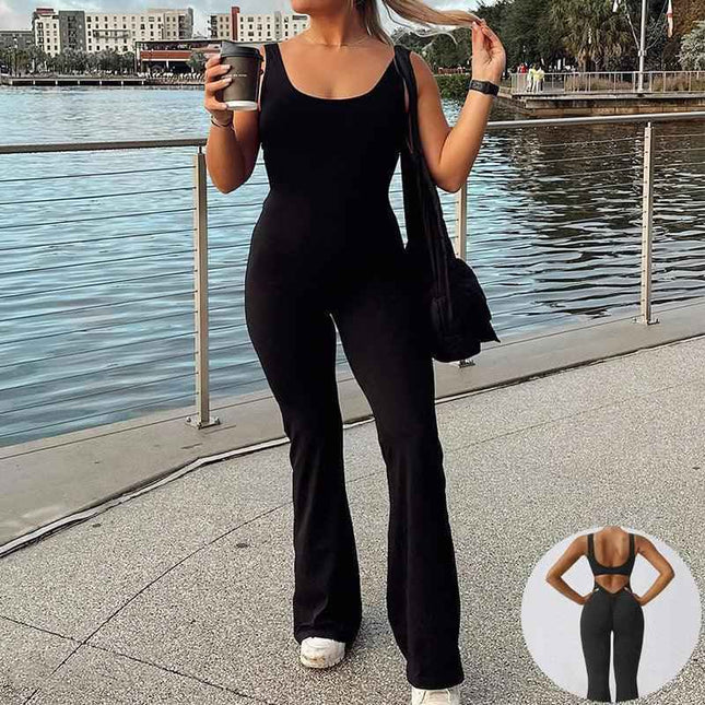 Slim Fit Hip Raise backless yoga jumpsuit in black, breathable polyester, sizes S-XL.