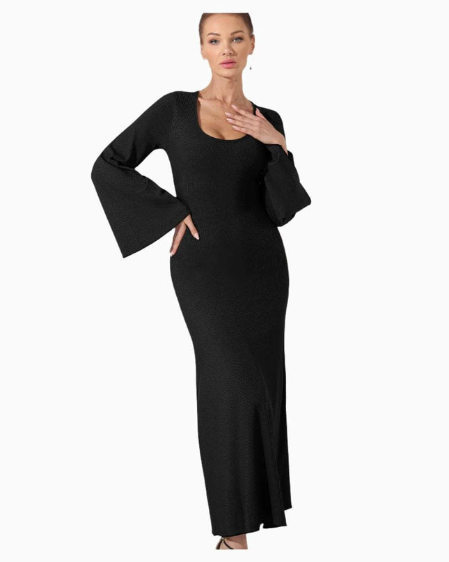 Women's fashion solid color dress in black with long sleeves.