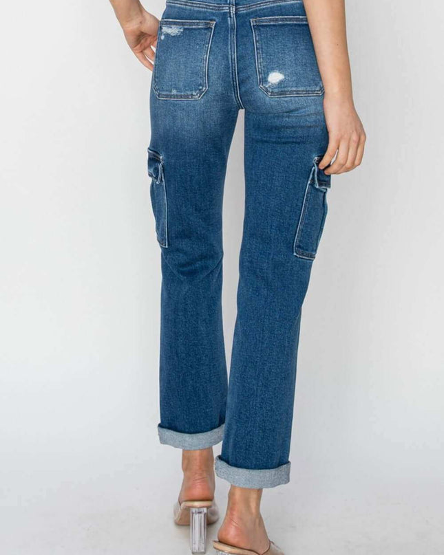 Women's Full Size High Rise Cargo Ankle Roll Up Straight Jeans - Plush Fashion Shop #