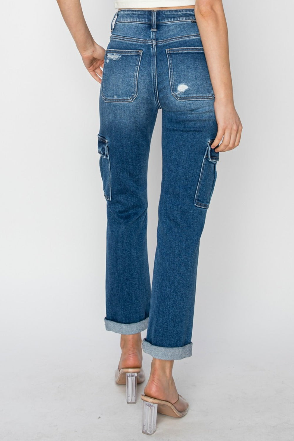 Women's Full Size High Rise Cargo Ankle Roll Up Straight Jeans