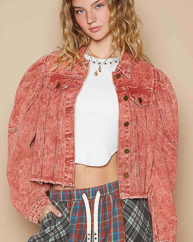 POL Raw Hem Button Up Cropped Denim Jacket - Plush Fashion Shop #