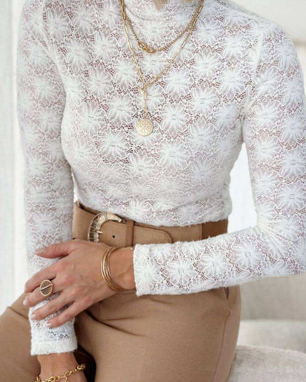 Mock Neck Long Sleeve Lace Tops - Plush Fashion Shop #