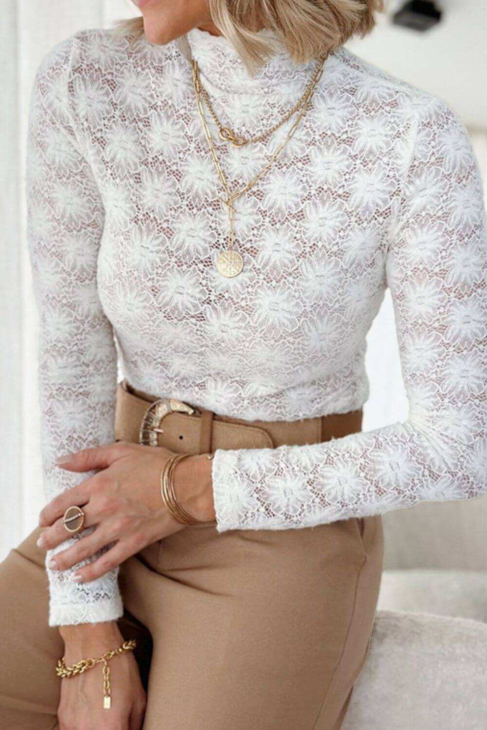 Mock Neck Long Sleeve Lace Top in white semi-sheer lace material.