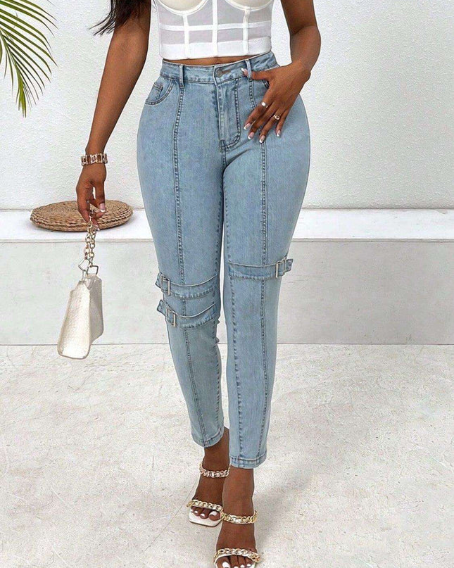 Decorative Buckle Skinny Jeans with Pockets - Plush Fashion Shop #