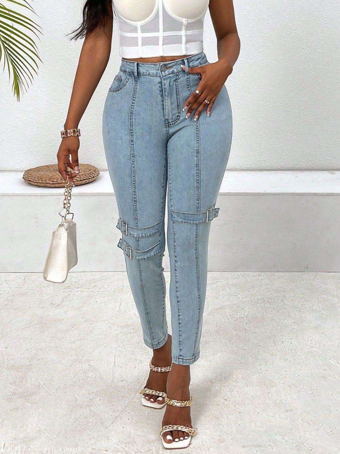 Decorative Buckle Skinny Jeans with Pockets - Plush Fashion Shop #