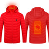 New heated coat in red with electric thermal technology, featuring a detachable hood and battery-powered heating design.