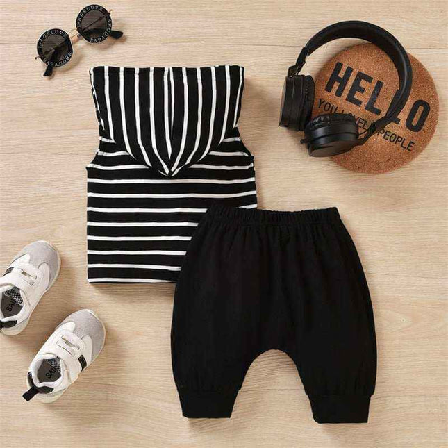 Boys' hooded striped tank top pants set with trendy hood and matching black shorts, perfect for stylish playtime or family outings.