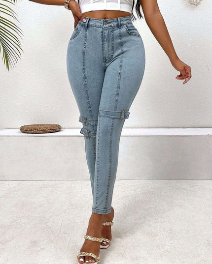 Decorative Buckle Skinny Jeans with Pockets - Plush Fashion Shop #