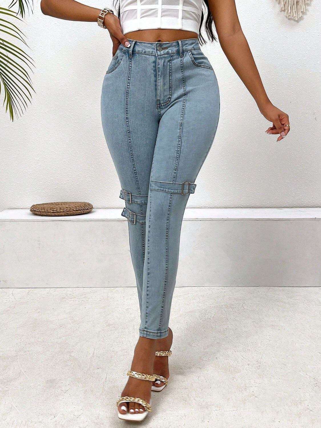 Decorative Buckle Skinny Jeans with Pockets - Plush Fashion Shop #