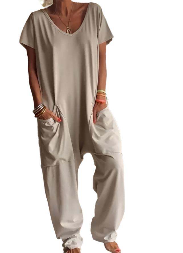 Womens Solid Color V-neck Oversized Pocket Jumpsuit