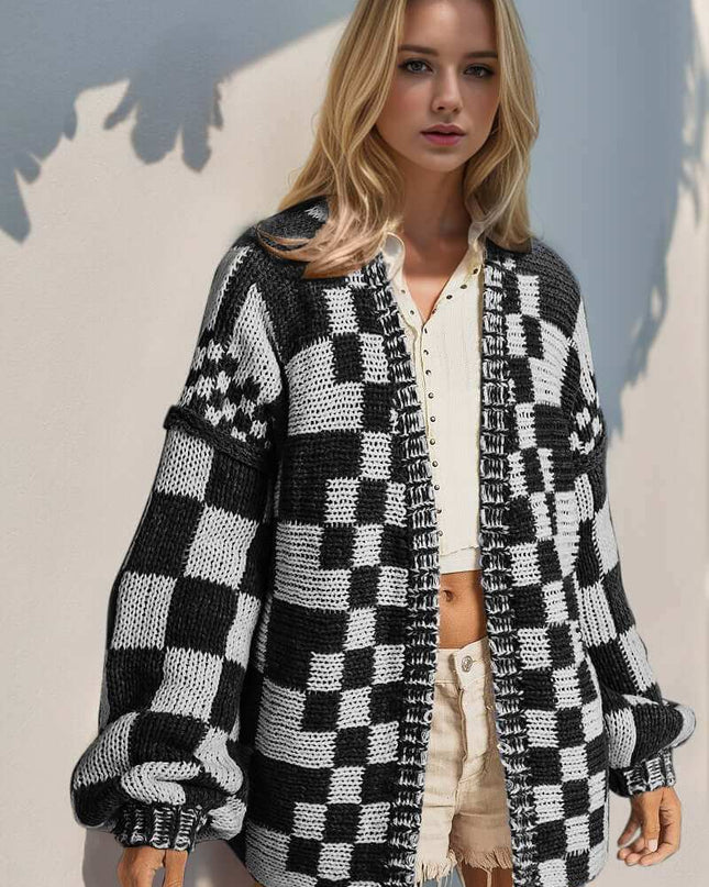 Double Take Full Size Open Front Checkered Drop Shoulder Cardigan - Plush Fashion Shop #