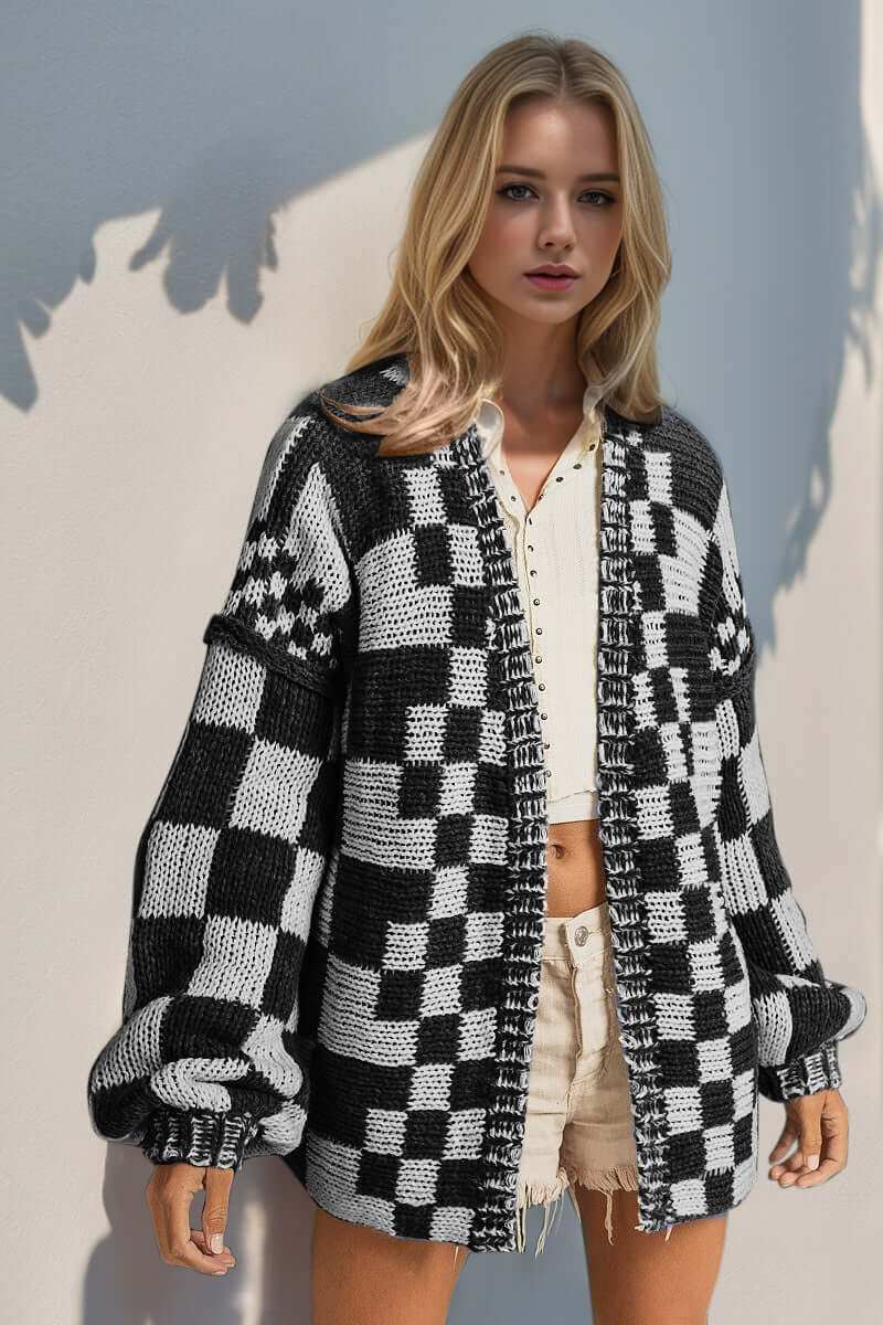 Double Take Full Size Open Front Checkered Drop Shoulder Cardigan - Plush Fashion Shop #