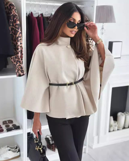 New Stand Collar Batwing Sleeves Cloak With Belt Temperament Woolen Outwear For Women - Plush Fashion Shop #