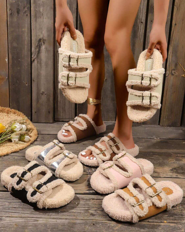 Fluffy Contrast Open Toe Slippers - Plush Fashion Shop #