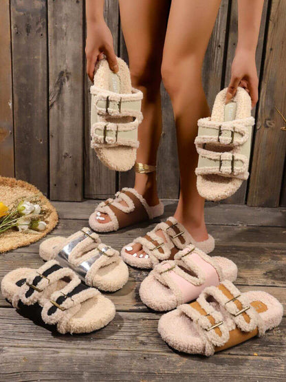 Fluffy Contrast Open Toe Slippers with faux fur and non-slip sole, available in various colors.