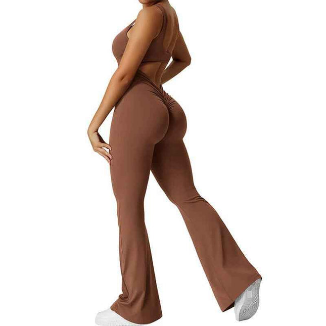 Slim fit hip raise backless yoga jumpsuit in brown.