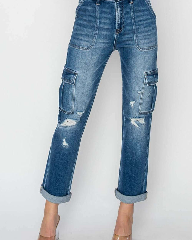 Women's Full Size High Rise Cargo Ankle Roll Up Straight Jeans - Plush Fashion Shop #