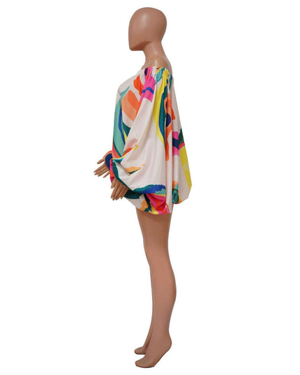 Off Shoulder Satin Printed Bat Sleeve Dress - Plush Fashion Shop #