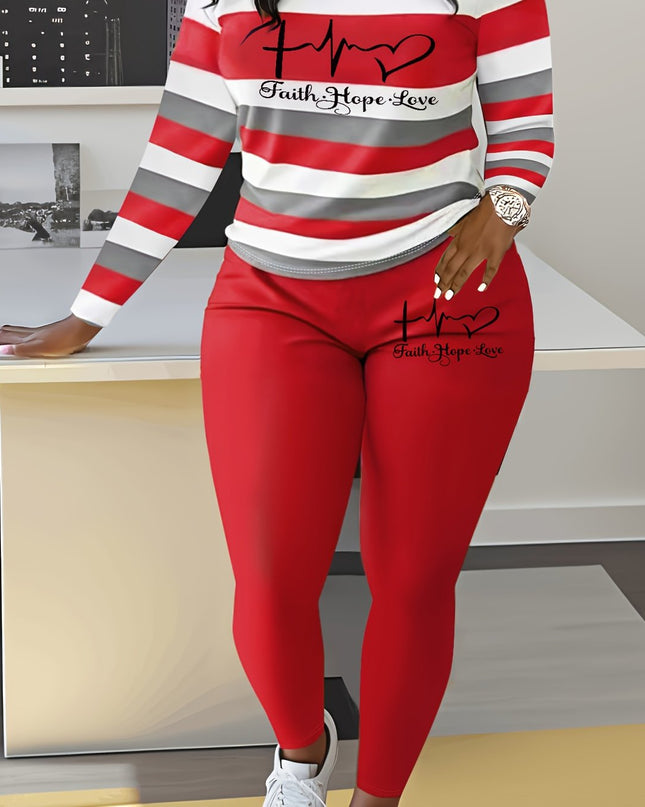 Women's Casual Striped Letter Print Long Sleeve Top And Pants