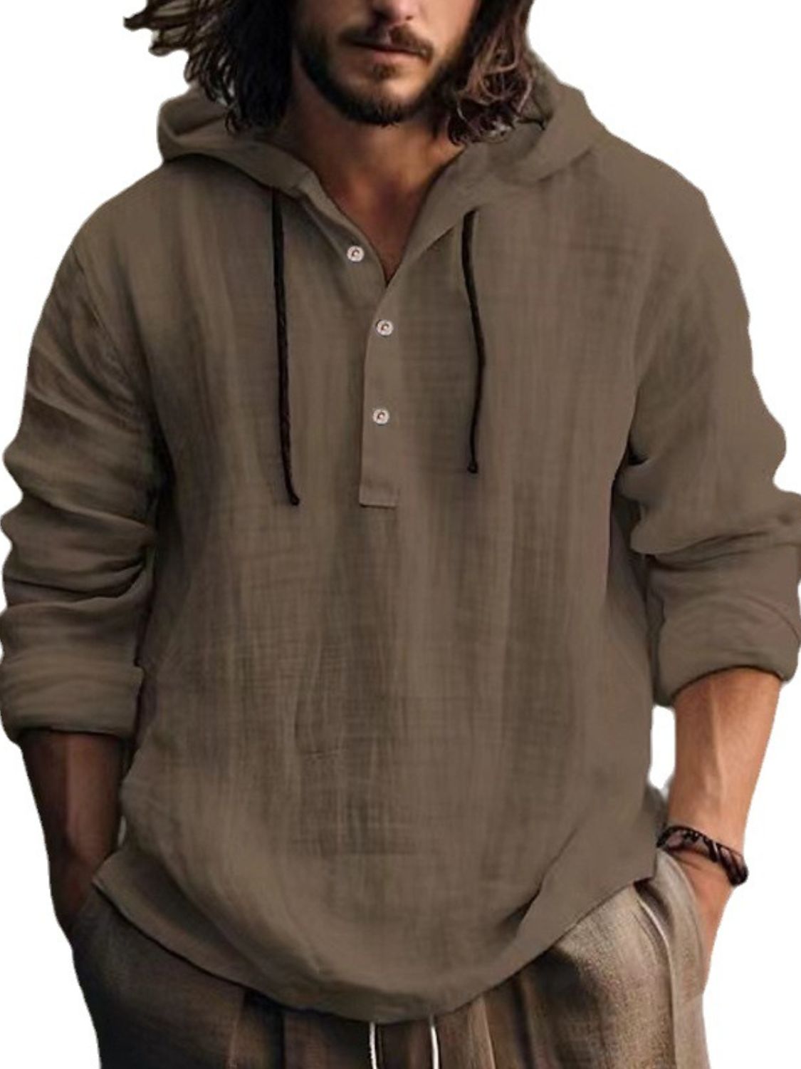 Men's full size half button long sleeve cotton hoodie.