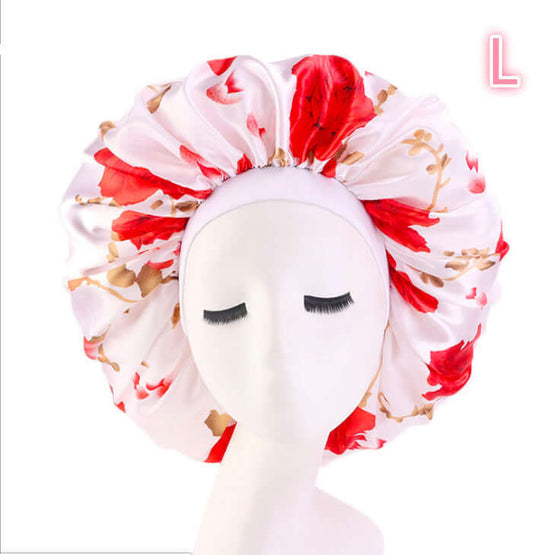 Beauty print Satin silk Bonnet sleep night cap with floral design for healthy hair.