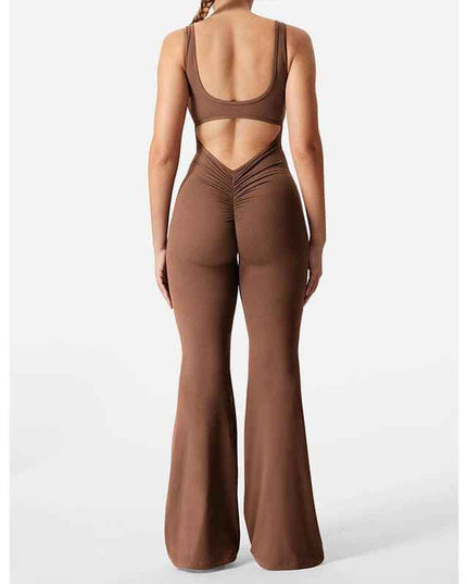 Slim fit hip raise backless jumpsuit in brown, featuring tight pants, stylish workout wear.