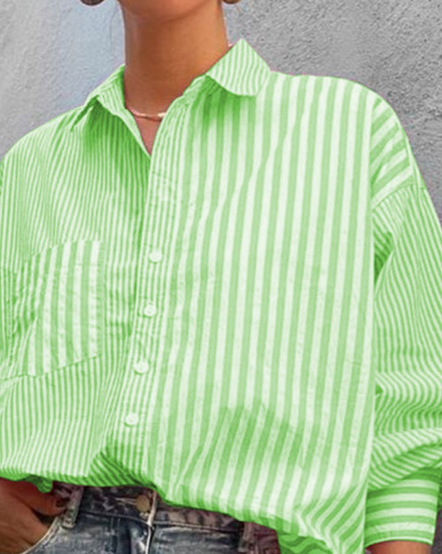 Green striped button down long sleeve shirt for women.