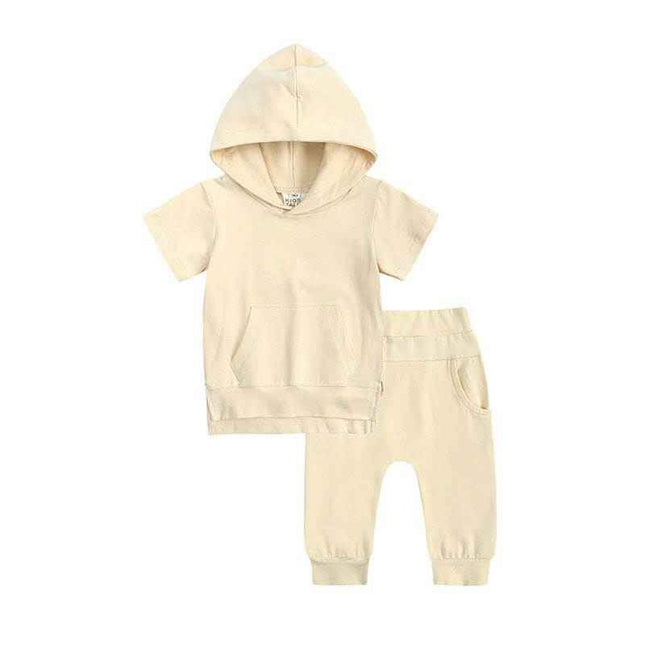 Boys and girls fashion short-sleeved hooded top and casual pants set.