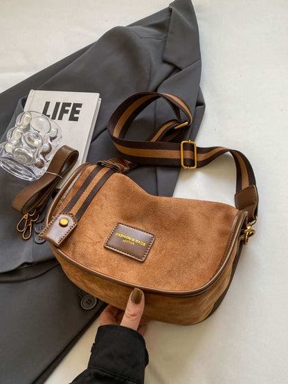 Suede Adjustable Strap Women's Shoulder Bag in brown with high-quality PU leather and compact design.